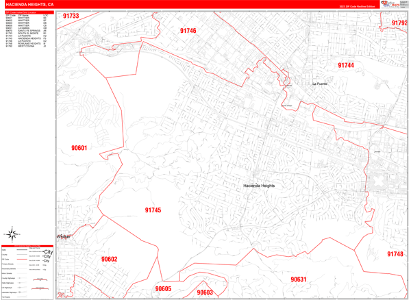 Hacienda Heights City Wall Map Red Line Style